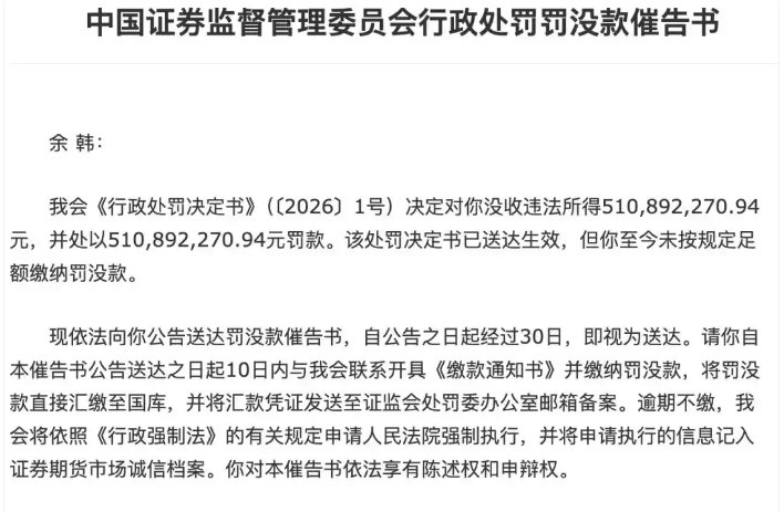 “博士眼镜”庄家余韩被罚没超10亿元后,迟迟不缴纳罚款,证监会组合拳出击,发催告书、冻结证券账户!背后事涉《证券法》修订后的最大罚单案件,操纵资金多达20多亿元